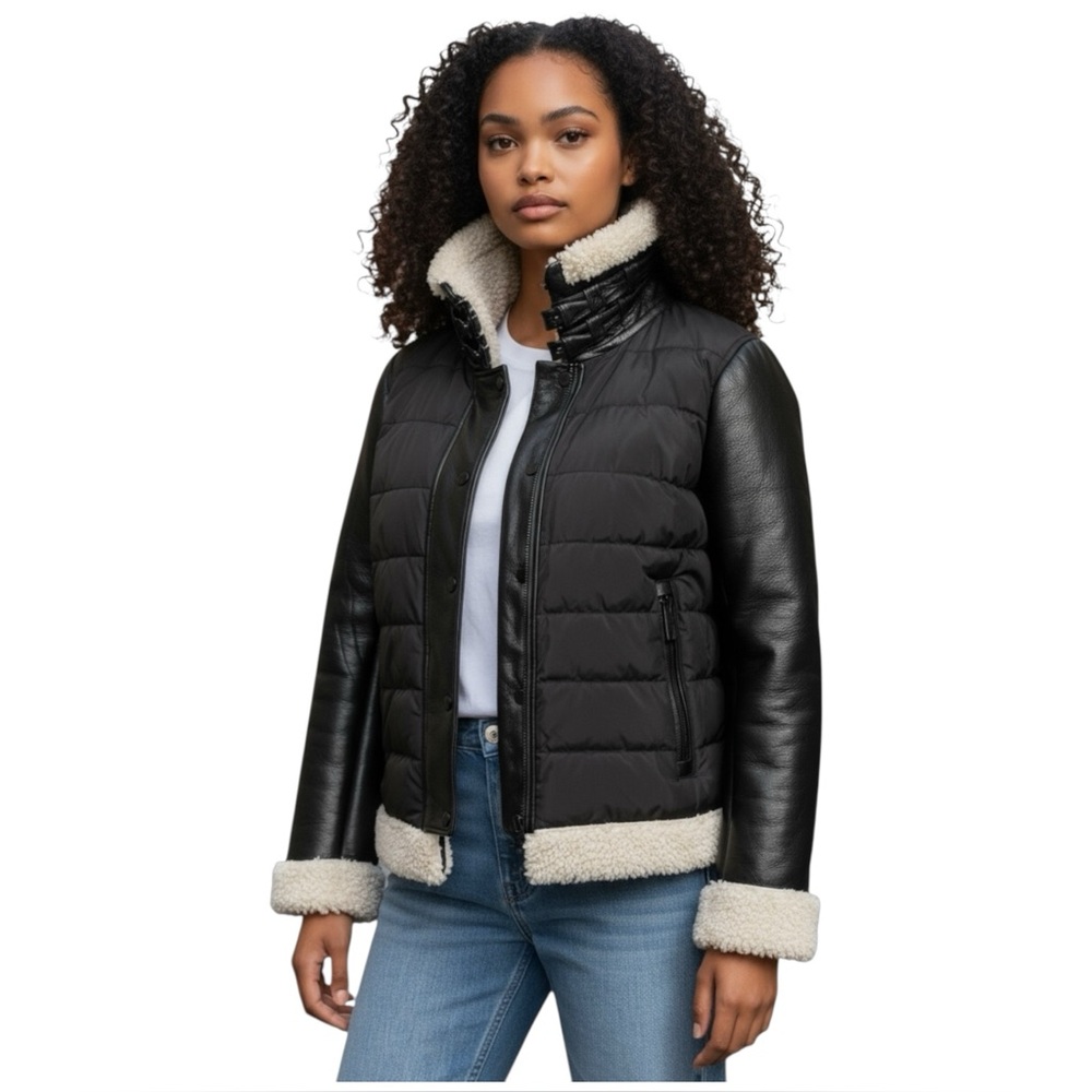 Michael Michael Kors Shearling Trim Faux leather sleeves Puffer Jacket. SZ.L